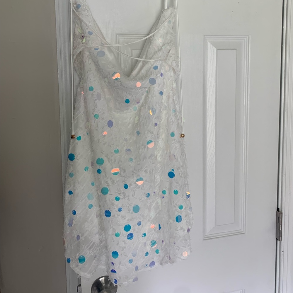 White Cowl Back Sequin Mini Dress